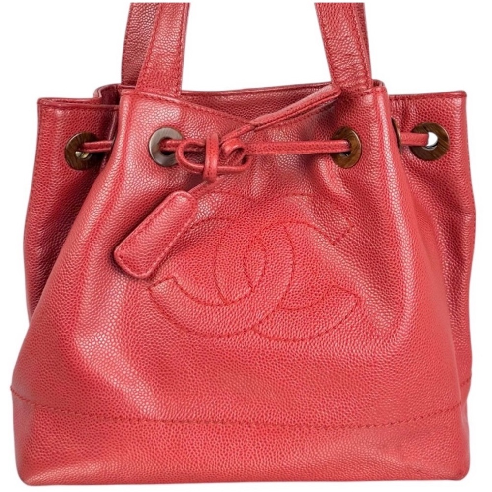 CHANEL CC Coco Mark Wood Grain Drawstring Vintage Tote Bag in Caviar - Picture 3 of 14